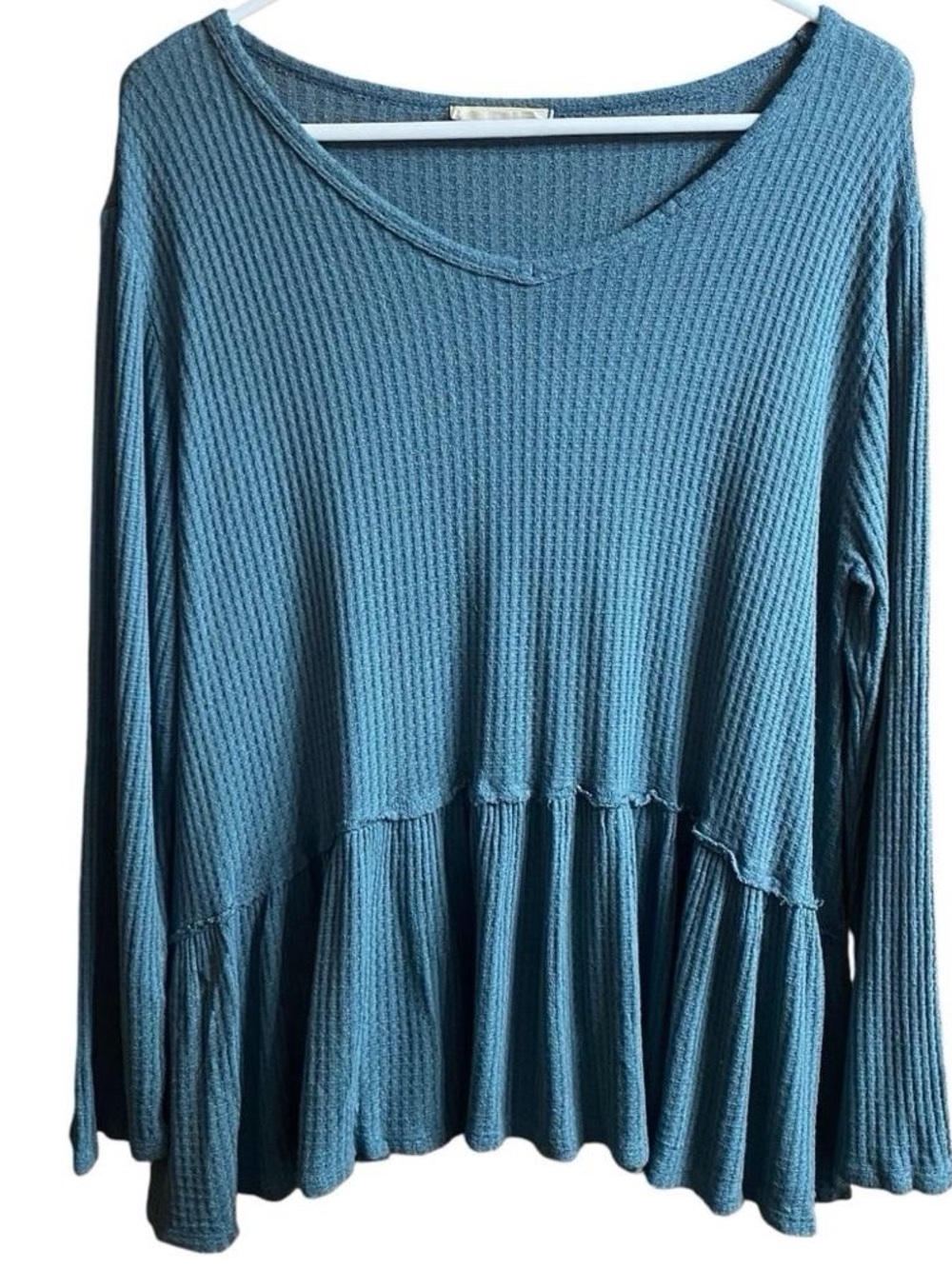 entro Blue Teal Waffle-Knit Peplum Long Sleeve Top